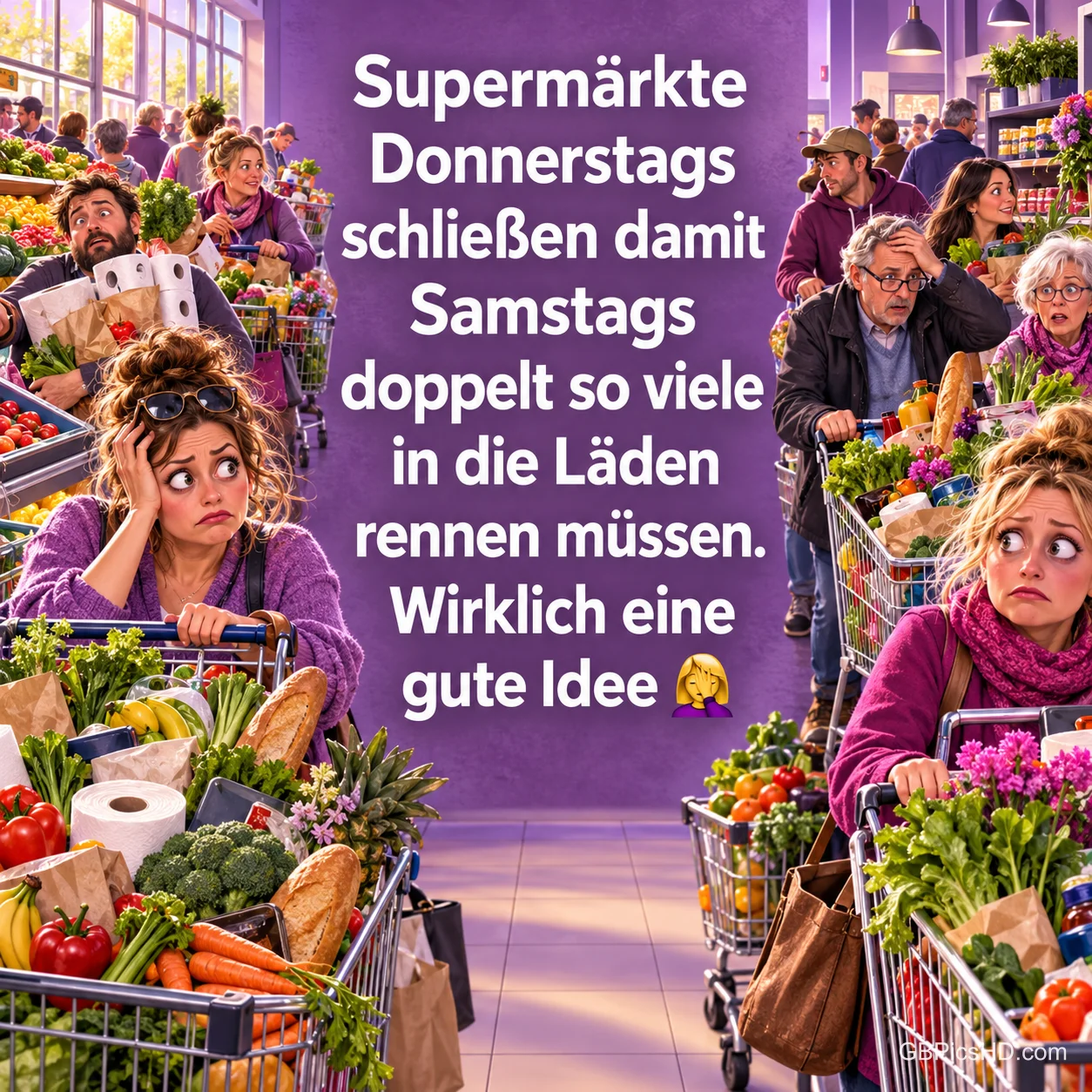 Gestresste Menschen mit vollen Einkaufswagen im Supermarkt und der ironische Spruch "Wirklich eine gute Idee".