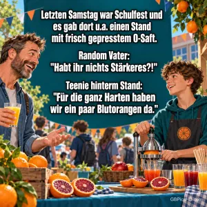 Ein Vater mit Saftglas und ein Teenager an der Orangenpresse: "Für die ganz Harten haben wir ein paar Blutorangen da."