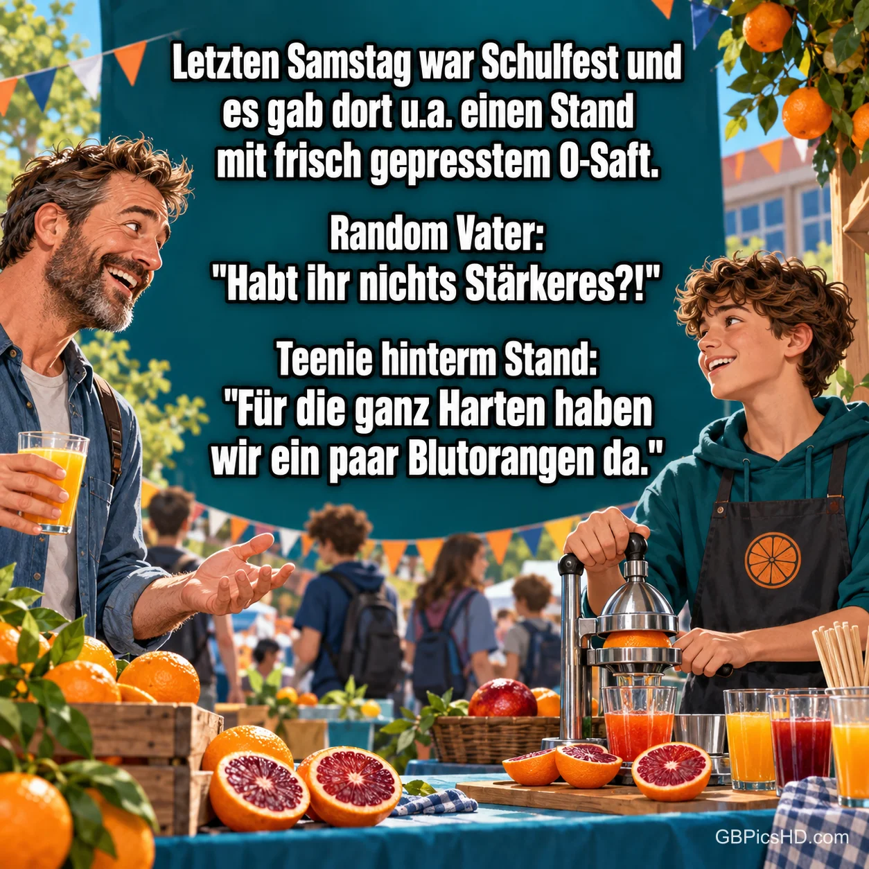 Ein Vater mit Saftglas und ein Teenager an der Orangenpresse: "Für die ganz Harten haben wir ein paar Blutorangen da."