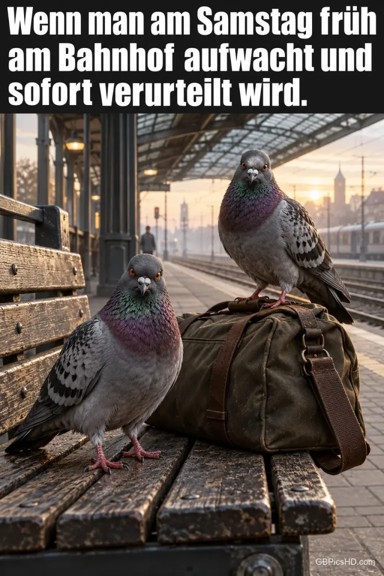 Zwei Tauben auf einer Bahnhofsbank und einer Tasche: "Wenn man am Samstag früh am Bahnhof aufwacht und sofort verurteilt wird."
