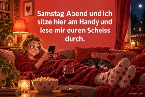 Eine Frau mit Handy, Decke und Katze auf dem Sofa: "Samstagabend und ich sitze hier am Handy und lese mir euren Scheiß durch."