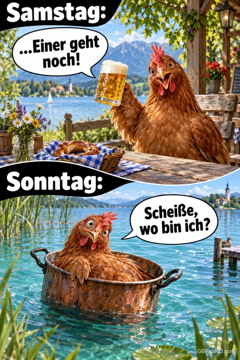 Ein Huhn hält am Samstag ein Bierglas und sitzt am Sonntag im Topf auf dem See: "Scheiße, wo bin ich?"