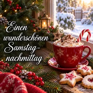 Rote Tasse mit Sahne und Zuckerstange, Sternplätzchen und Tannengrün am verschneiten Fenster: "Einen wunderschönen Samstagnachmittag".