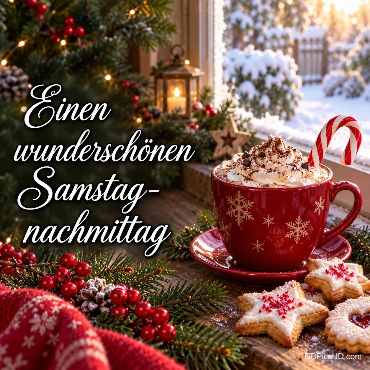 Rote Tasse mit Sahne und Zuckerstange, Sternplätzchen und Tannengrün am verschneiten Fenster: "Einen wunderschönen Samstagnachmittag".