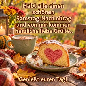 Kuchen mit rosa Herz, eine Tasse und eine brennende Laterne auf einem herbstlichen Tisch: "Genießt euren Tag!"