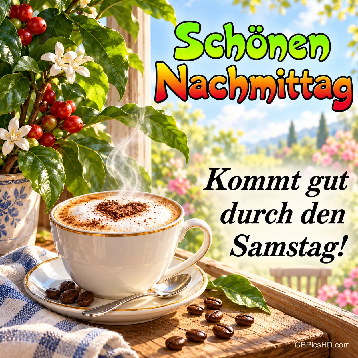 Dampfender Cappuccino mit Kakaoherz neben einer Kaffeepflanze am Fenster: "Schönen Nachmittag" und "Kommt gut durch den Samstag!" Dampfender Cappuccino mit Kakaoherz neben einer Kaffeepflanze am Fenster: "Schönen Nachmittag" und "Kommt gut durch den Samstag!"
