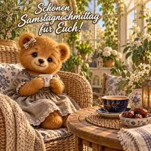 Ein Teddybär hält eine Tasse im Wintergarten unter dem Gruß "Schönen Samstagnachmittag für Euch!".