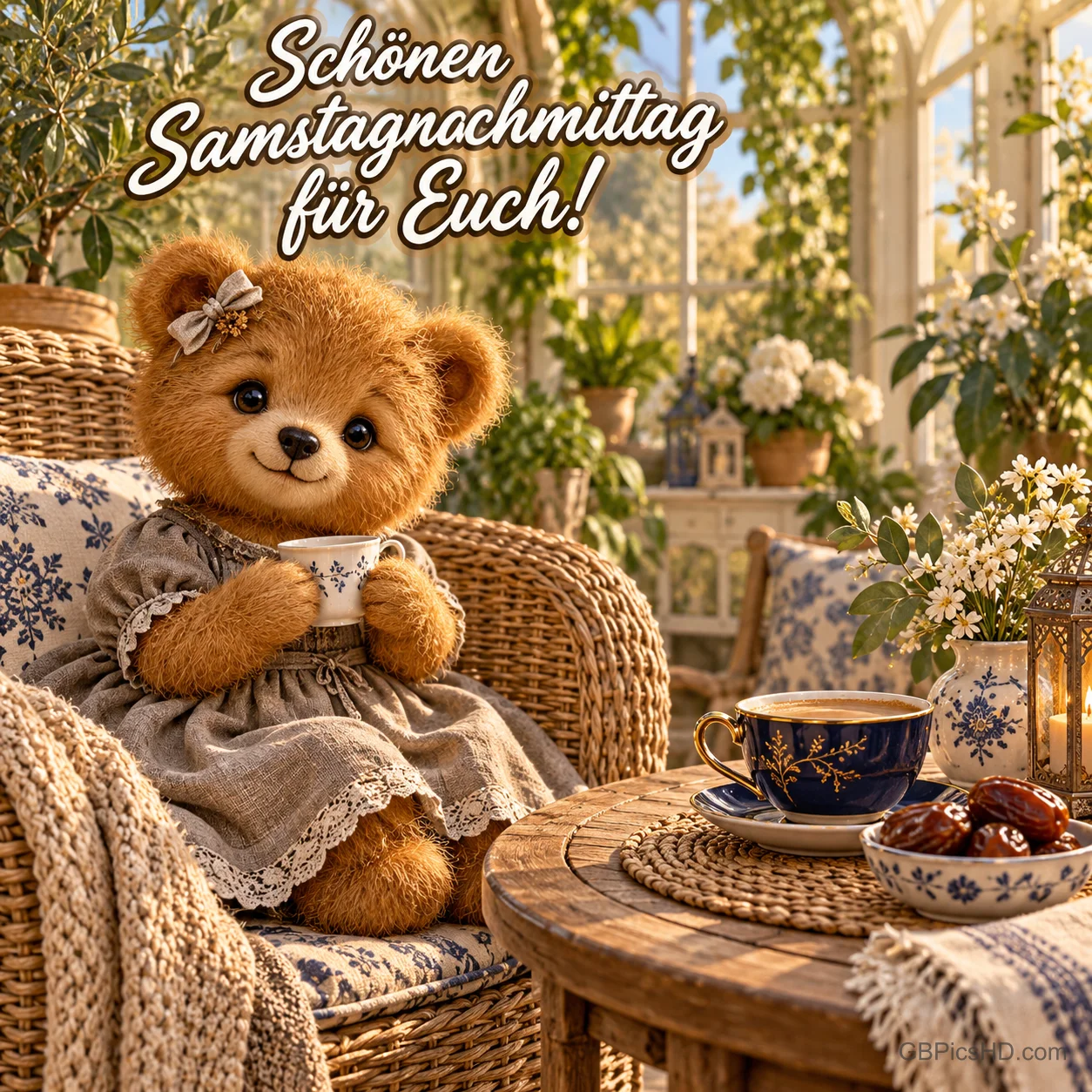 Ein Teddybär hält eine Tasse im Wintergarten unter dem Gruß "Schönen Samstagnachmittag für Euch!".