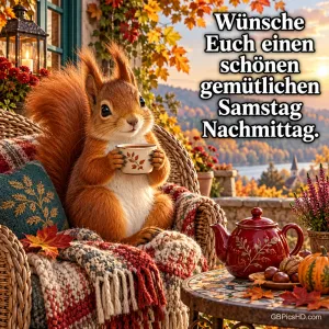 Ein Eichhörnchen sitzt mit einer Tasse im Korbsessel neben "Wünsche Euch einen schönen gemütlichen Samstag Nachmittag.".