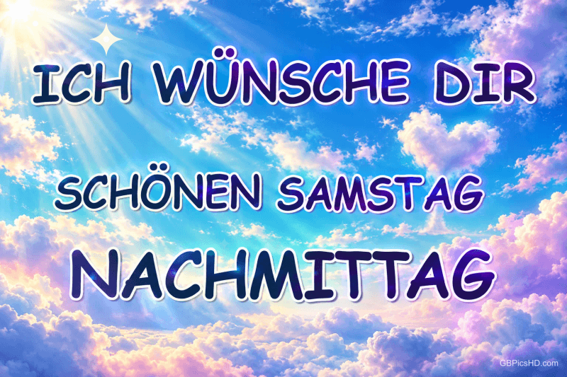 Bunte Wolken und Sonnenstrahlen umrahmen den Gruß "ICH WÜNSCHE DIR SCHÖNEN SAMSTAG NACHMITTAG".