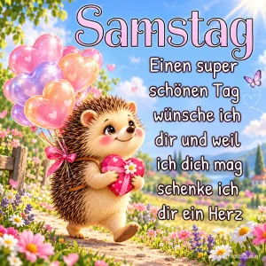 Ein Igel mit Herz und Ballons neben "Samstag Einen super schönen Tag wünsche ich dir und weil ich dich mag schenke ich dir ein Herz".