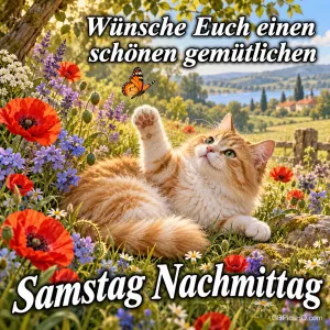 Eine Katze hebt die Pfote zu einem Schmetterling: "Wünsche Euch einen schönen gemütlichen Samstag Nachmittag".