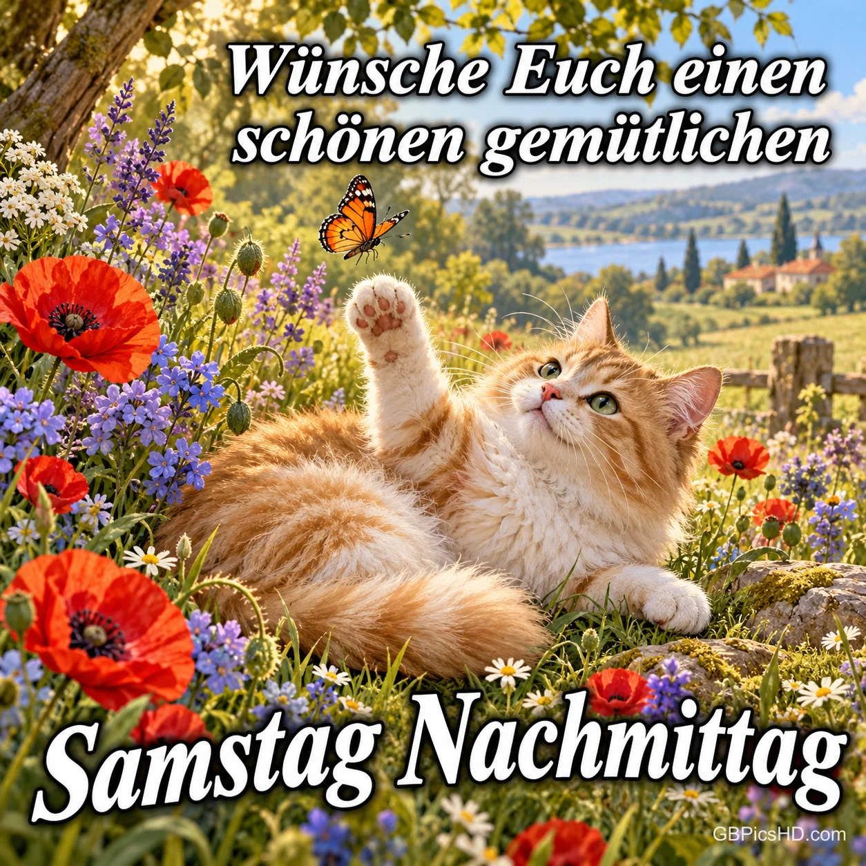 Eine Katze hebt die Pfote zu einem Schmetterling: "Wünsche Euch einen schönen gemütlichen Samstag Nachmittag".