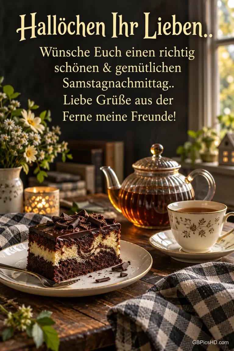 Tee steht vor "Hallöchen Ihr Lieben.. Wünsche Euch einen richtig schönen & gemütlichen Samstagnachmittag.. Liebe Grüße aus der Ferne meine Freunde!".