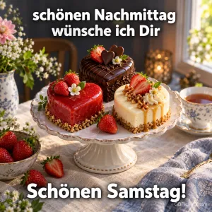 Drei herzförmige Törtchen mit Erdbeeren auf einer Etagere mit "Schönen Nachmittag wünsche ich Dir Schönen Samstag!".