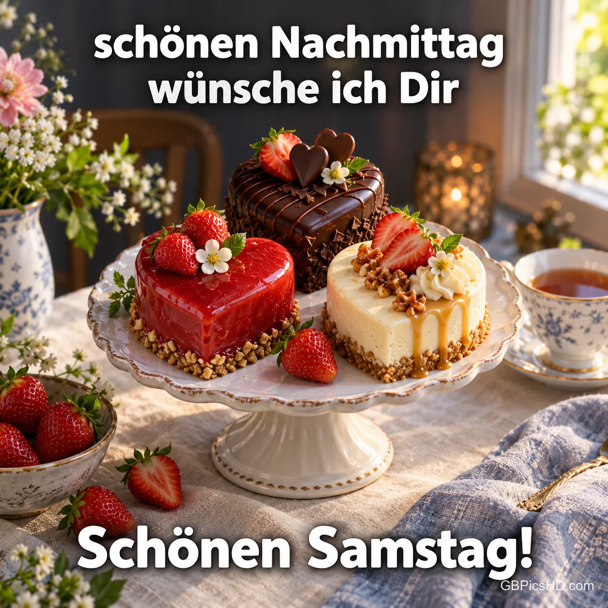 Drei herzförmige Törtchen mit Erdbeeren auf einer Etagere mit "Schönen Nachmittag wünsche ich Dir Schönen Samstag!". Drei herzförmige Törtchen mit Erdbeeren auf einer Etagere mit "Schönen Nachmittag wünsche ich Dir Schönen Samstag!".