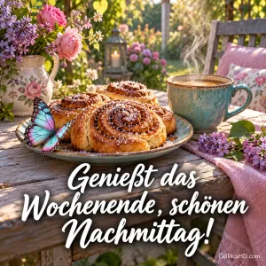 Neben Zimtschnecken und Kaffee sitzt ein Schmetterling: "Genießt das Wochenende, schönen Nachmittag!".