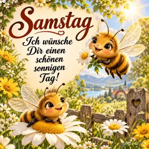 Zwei Bienen zwischen Margeriten neben dem Gruß "Samstag Ich wünsche Dir einen schönen sonnigen Tag!".