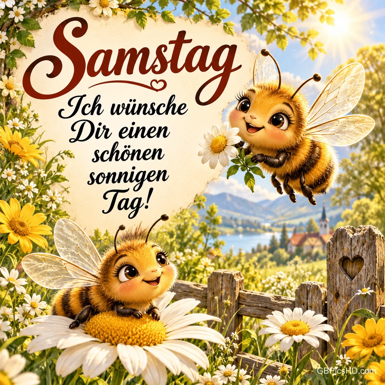 Zwei Bienen zwischen Margeriten neben dem Gruß "Samstag Ich wünsche Dir einen schönen sonnigen Tag!".