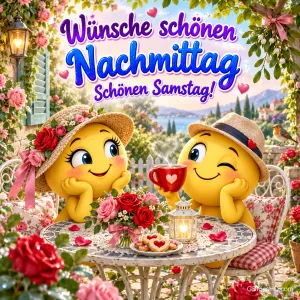 Zwei gelbe Smileys mit Strohhüten am blumengeschmückten Gartentisch mit "Wünsche schönen Nachmittag Schönen Samstag!".