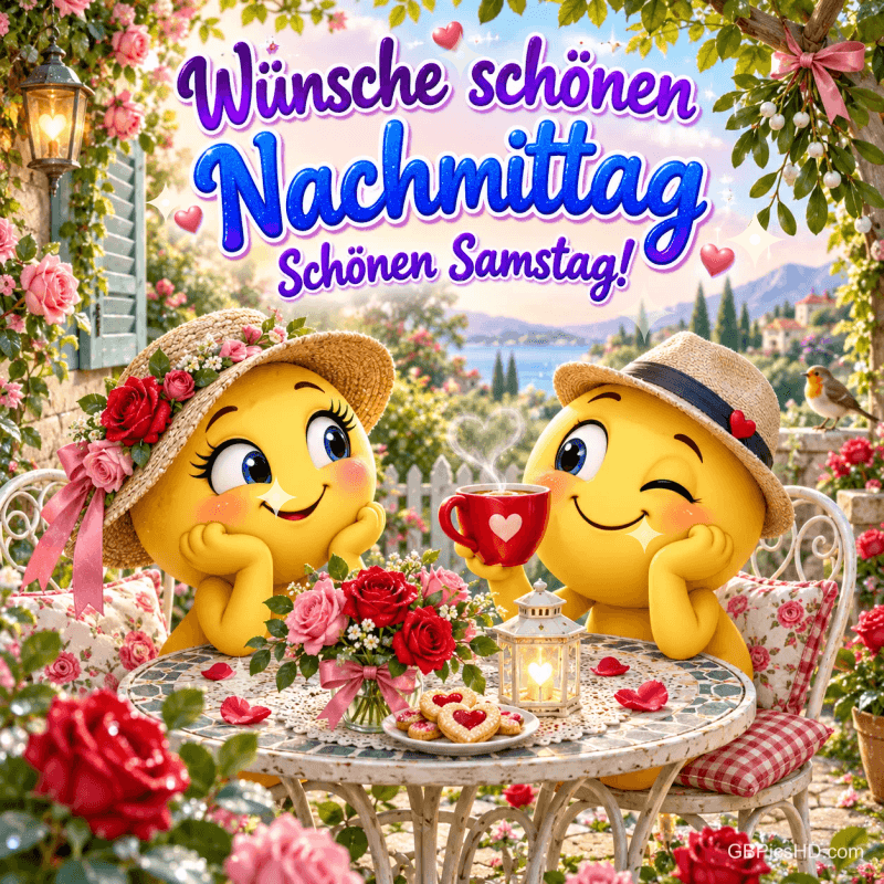 Zwei gelbe Smileys mit Strohhüten am blumengeschmückten Gartentisch mit "Wünsche schönen Nachmittag Schönen Samstag!". Zwei gelbe Smileys mit Strohhüten am blumengeschmückten Gartentisch mit "Wünsche schönen Nachmittag Schönen Samstag!".