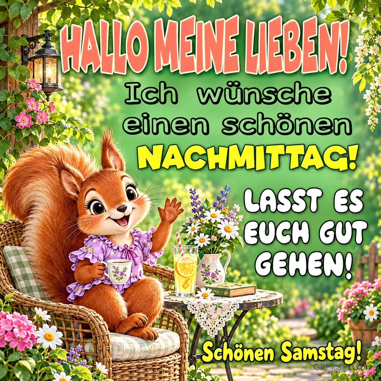 Ein Eichhörnchen sitzt mit einer Tasse im Korbsessel neben Blumen und Limonade; dazu steht "Schönen Samstag!".