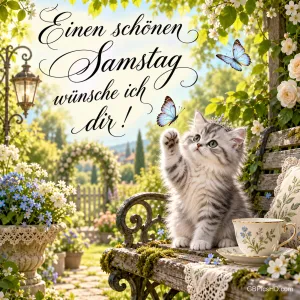 Ein Kätzchen greift auf einer Gartenbank nach einem Schmetterling unter "Einen schönen Samstag wünsche ich dir !".