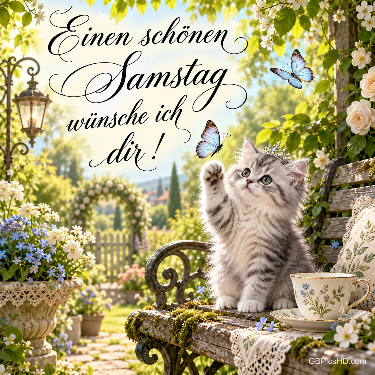 Ein Kätzchen greift auf einer Gartenbank nach einem Schmetterling unter "Einen schönen Samstag wünsche ich dir !".
