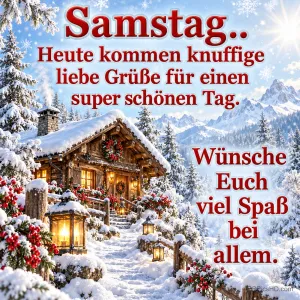 Verschneite Holzhütte, leuchtende Laternen und Berge unter den Samstagsgrüßen "Wünsche Euch viel Spaß bei allem.".