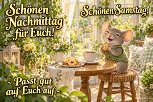 Eine Maus isst einen Keks am Kaffeetisch im Wintergarten mit "Schönen Nachmittag für Euch!" und "Schönen Samstag!".