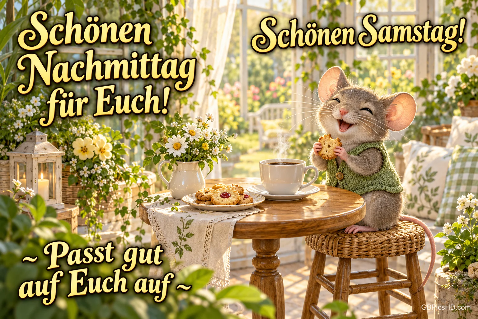Eine Maus isst einen Keks am Kaffeetisch im Wintergarten mit "Schönen Nachmittag für Euch!" und "Schönen Samstag!". Eine Maus isst einen Keks am Kaffeetisch im Wintergarten mit "Schönen Nachmittag für Euch!" und "Schönen Samstag!".