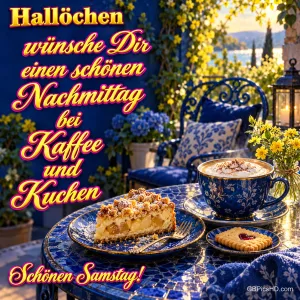 Kaffee, Kuchen und Kekse stehen auf einem blauen Gartentisch mit "Hallöchen" und "Schönen Samstag!".