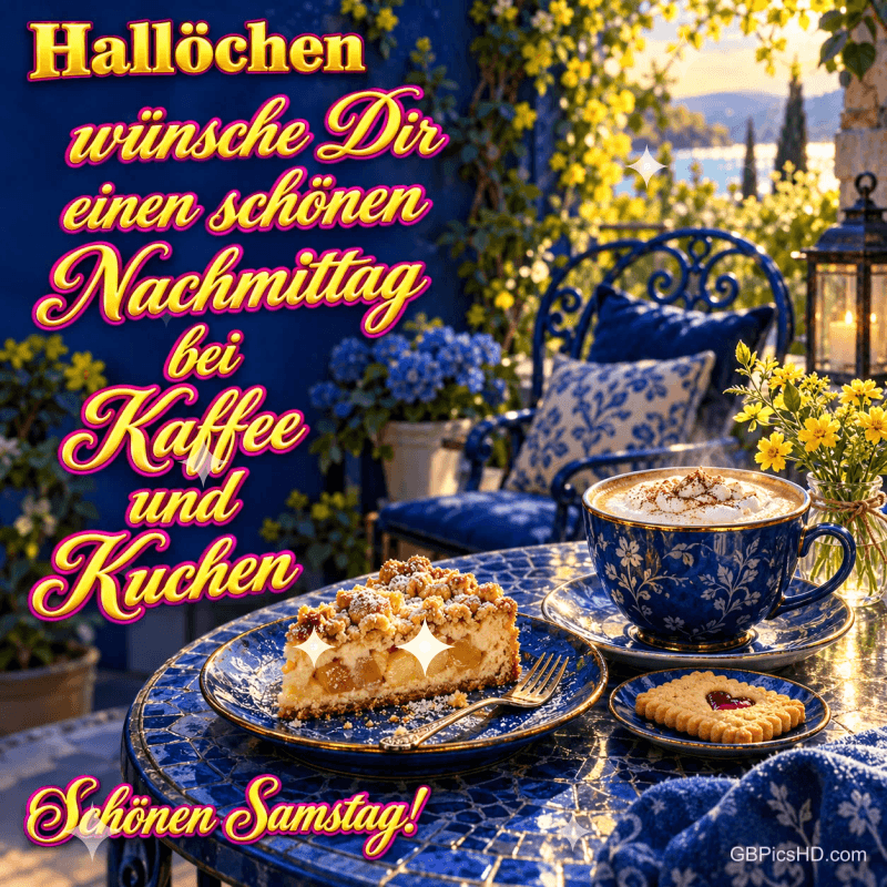 Kaffee, Kuchen und Kekse stehen auf einem blauen Gartentisch mit "Hallöchen" und "Schönen Samstag!". Kaffee, Kuchen und Kekse stehen auf einem blauen Gartentisch mit "Hallöchen" und "Schönen Samstag!".