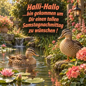 Zwei Enten am Gartenteich begleiten "Halli-Hallo ...bin gekommen um Dir einen tollen Samstagnachmittag zu wünschen !".