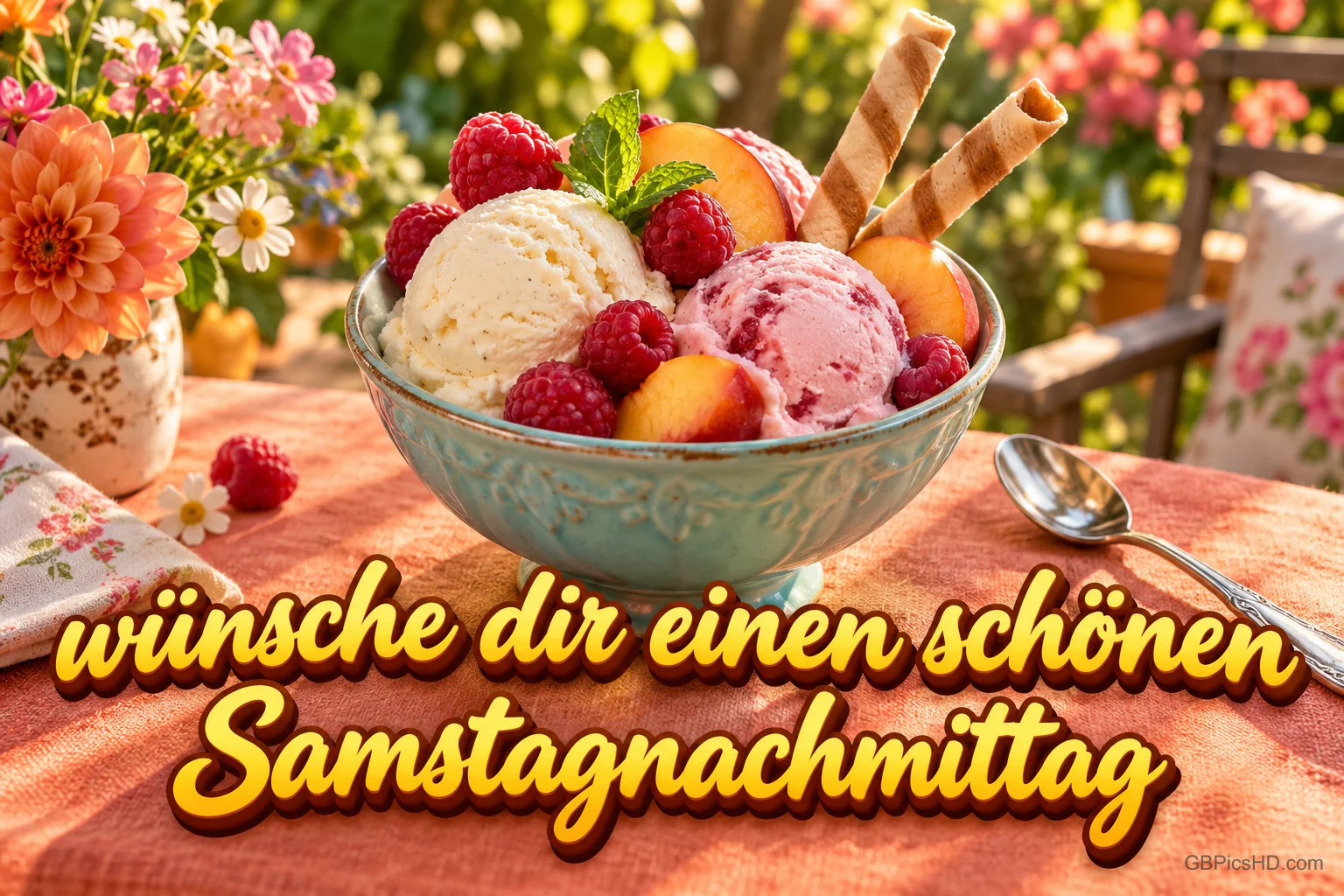 Eine Schale mit Eis, Himbeeren und Pfirsichen steht im Garten mit "Wünsche dir einen schönen Samstagnachmittag".