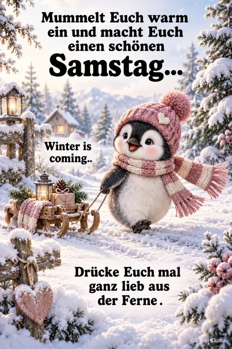 Ein Pinguin mit rosa Mütze und Schal zieht einen Schlitten im Schnee mit "Mummelt Euch warm ein und macht Euch einen schönen Samstag...".