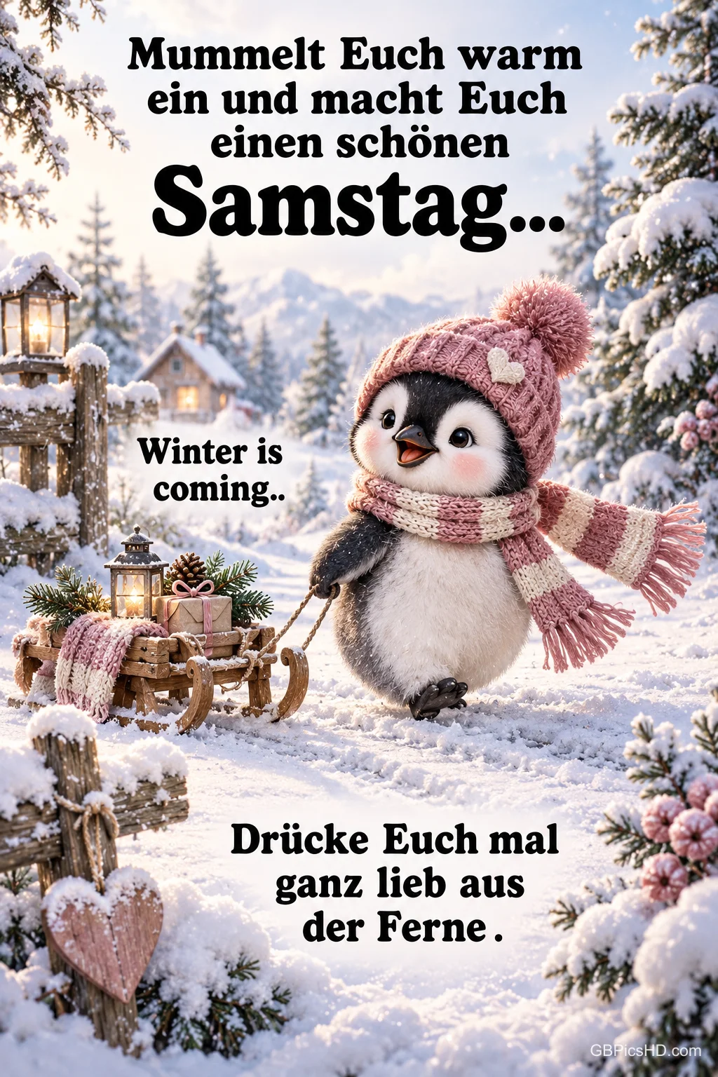 Ein Pinguin mit rosa Mütze und Schal zieht einen Schlitten im Schnee mit "Mummelt Euch warm ein und macht Euch einen schönen Samstag...".