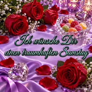 Rote Rosen, Süßigkeiten und gläserne Dekoherzen auf lila Satin mit "Ich wünsche Dir einen traumhaften Samstag".