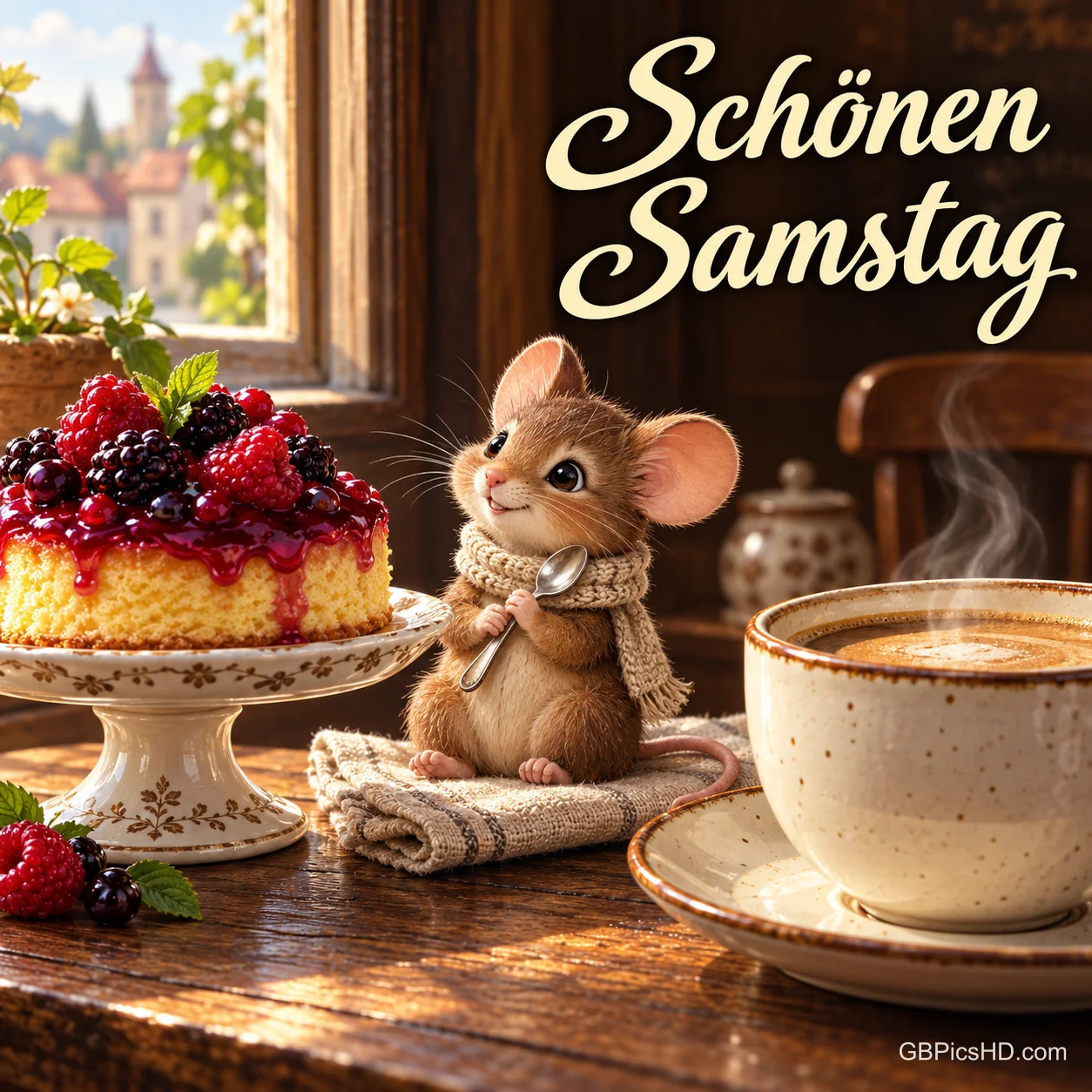 Eine Maus mit Schal und Löffel sitzt zwischen einem Beerenkuchen und einer dampfenden Tasse unter "Schönen Samstag". Eine Maus mit Schal und Löffel sitzt zwischen einem Beerenkuchen und einer dampfenden Tasse unter "Schönen Samstag".