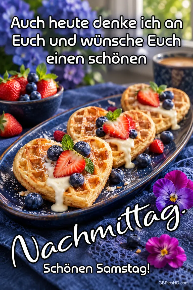 Herzwaffeln mit Erdbeeren, Heidelbeeren und heller Soße liegen auf einem blauen Teller mit "Schönen Samstag!".