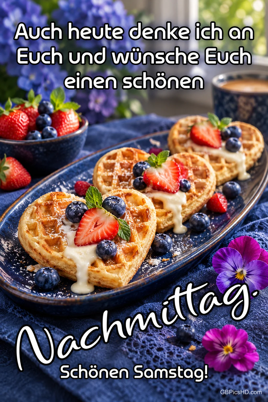 Herzwaffeln mit Erdbeeren, Heidelbeeren und heller Soße liegen auf einem blauen Teller mit "Schönen Samstag!". Herzwaffeln mit Erdbeeren, Heidelbeeren und heller Soße liegen auf einem blauen Teller mit "Schönen Samstag!".