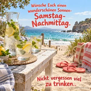 Zitronenwasser, Gläser und rote Flipflops stehen am Strand mit "Wünsche Euch einen wunderschönen Sonnen-Samstag-Nachmittag.".