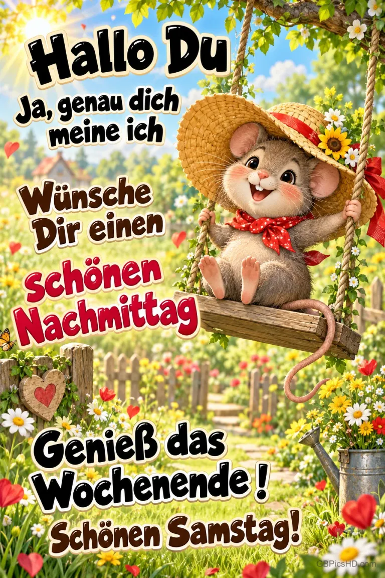 Eine Maus mit blumengeschmücktem Strohhut sitzt auf einer Schaukel im Garten; dazu steht "Genieß das Wochenende!".