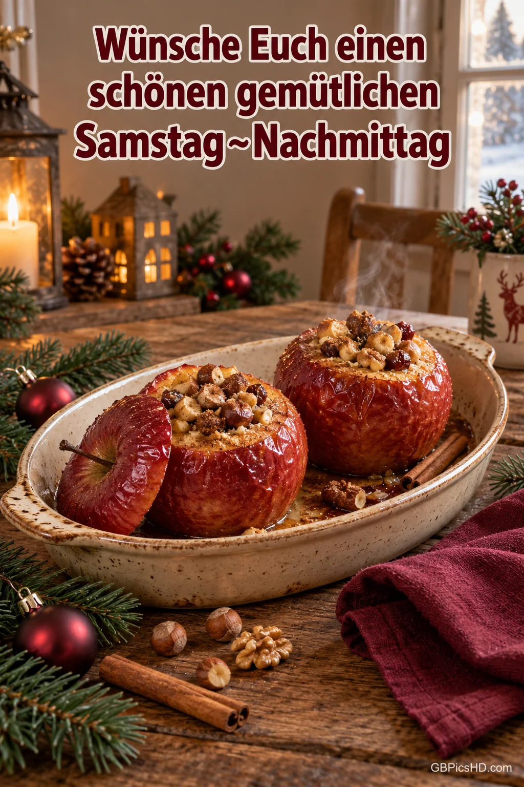 Zwei Bratäpfel mit Nüssen in einer Schale bei Kerzenlicht mit "Wünsche Euch einen schönen gemütlichen Samstag~Nachmittag". Zwei Bratäpfel mit Nüssen in einer Schale bei Kerzenlicht mit "Wünsche Euch einen schönen gemütlichen Samstag~Nachmittag".