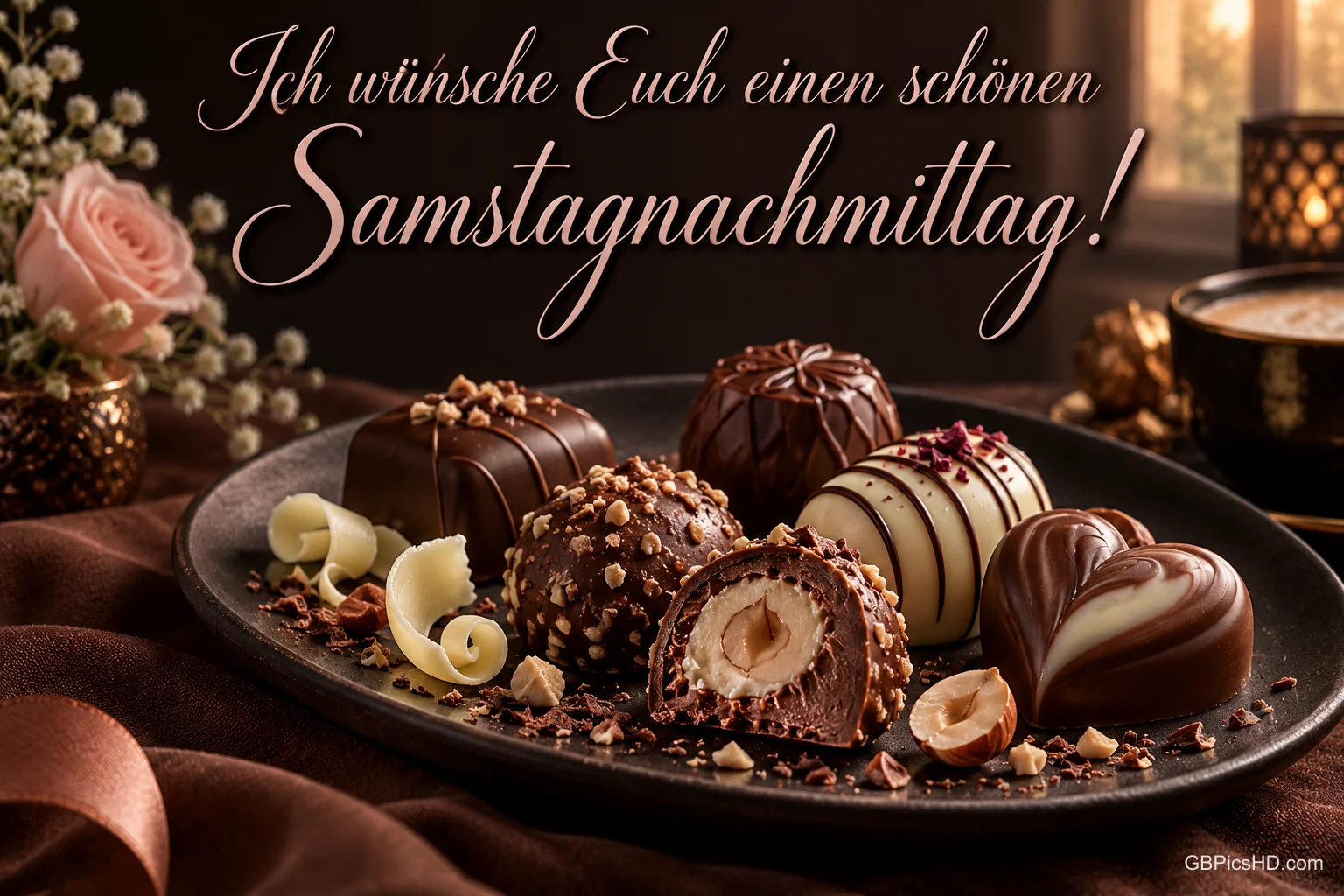 Pralinen auf einem dunklen Teller neben einer rosa Rose und einer Tasse mit "Ich wünsche Euch einen schönen Samstagnachmittag!". Pralinen auf einem dunklen Teller neben einer rosa Rose und einer Tasse mit "Ich wünsche Euch einen schönen Samstagnachmittag!".