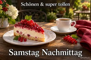 Ein Stück Johannisbeertorte und eine Tasse Kaffee auf einem Gartentisch mit "Schönen & super tollen Samstag Nachmittag".