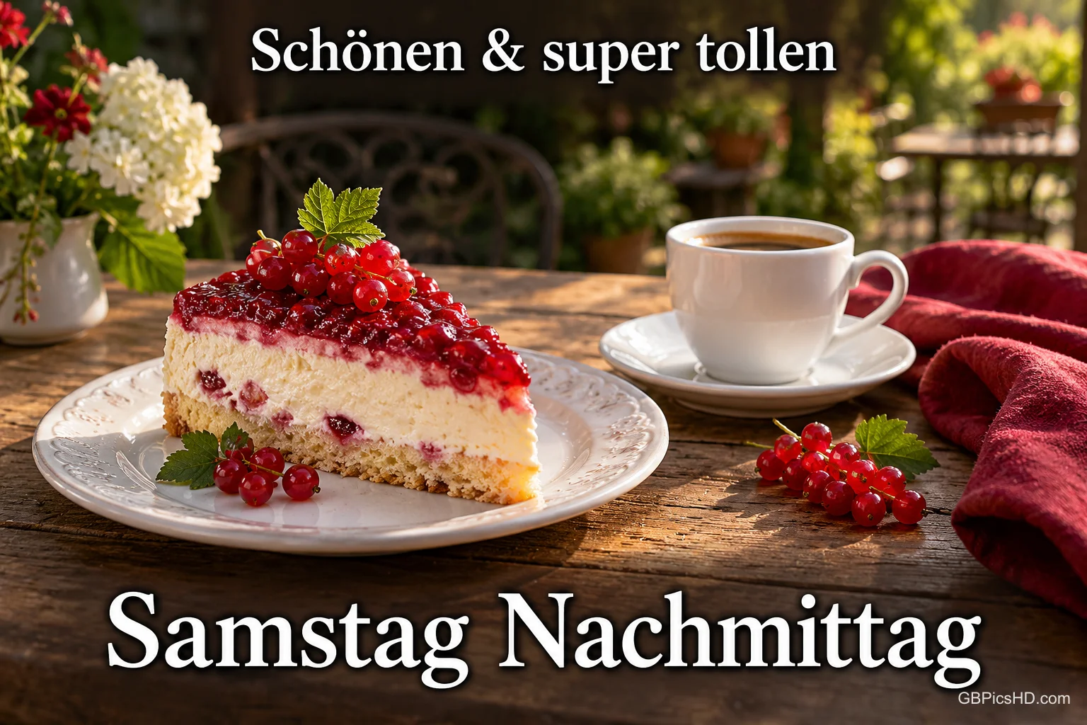 Ein Stück Johannisbeertorte und eine Tasse Kaffee auf einem Gartentisch mit "Schönen & super tollen Samstag Nachmittag". Ein Stück Johannisbeertorte und eine Tasse Kaffee auf einem Gartentisch mit "Schönen & super tollen Samstag Nachmittag".