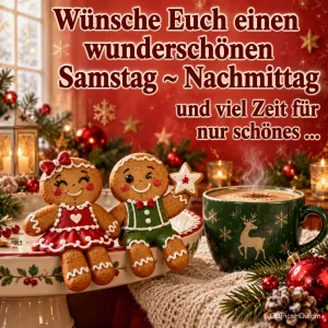 Zwei Lebkuchenfiguren neben einer Tasse mit "Wünsche Euch einen wunderschönen Samstag ~ Nachmittag und viel Zeit für nur Schönes ...".