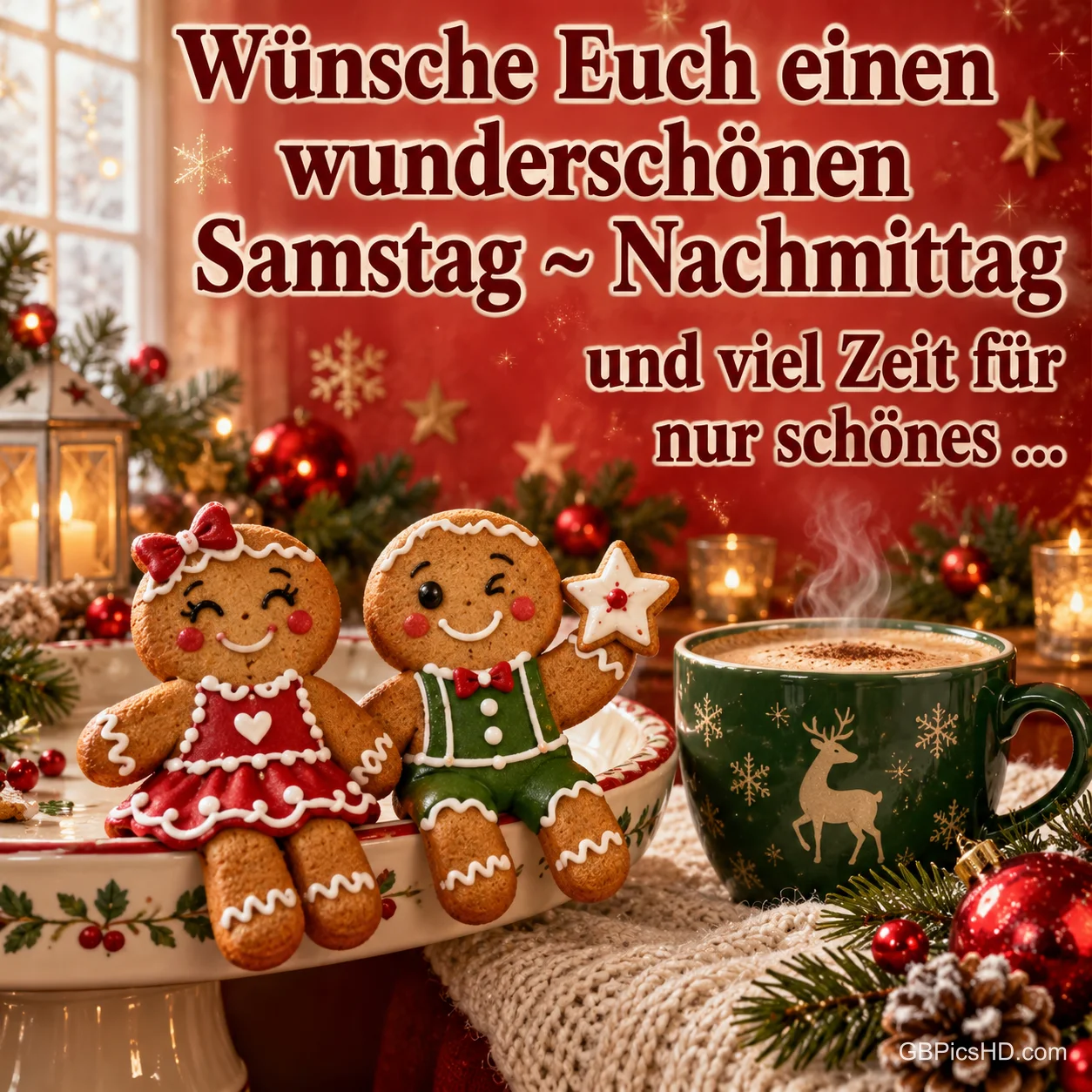 Zwei Lebkuchenfiguren neben einer Tasse mit "Wünsche Euch einen wunderschönen Samstag ~ Nachmittag und viel Zeit für nur Schönes ...". Zwei Lebkuchenfiguren neben einer Tasse mit "Wünsche Euch einen wunderschönen Samstag ~ Nachmittag und viel Zeit für nur Schönes ...".