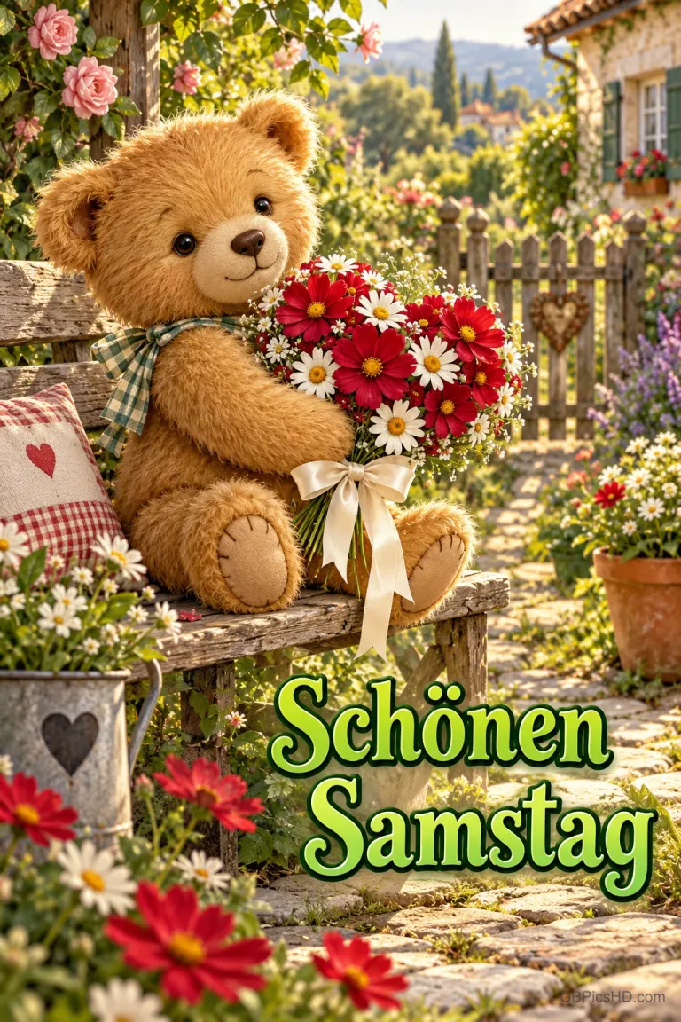 Ein Teddybär mit einem rot-weißen Blumenstrauß sitzt auf einer Bank im blühenden Garten mit "Schönen Samstag".